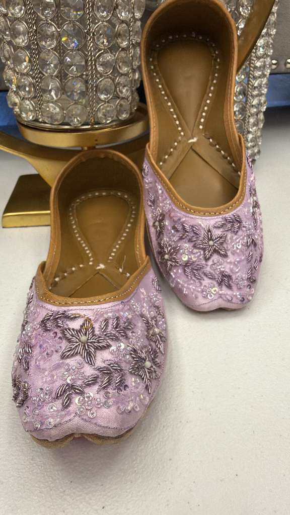 Chamak Lavender Jutti - Khussa Shoes Womens with intricate silver embroidery and sequins, ideal for spring events and pastel outfits.