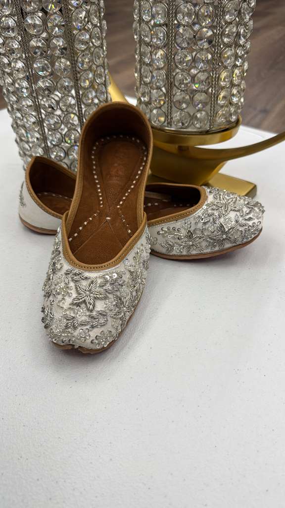 Khussa for Ladies - Dabka Silver Jutti with intricate sequin and floral dabka work, perfect for formal events and evening wear.