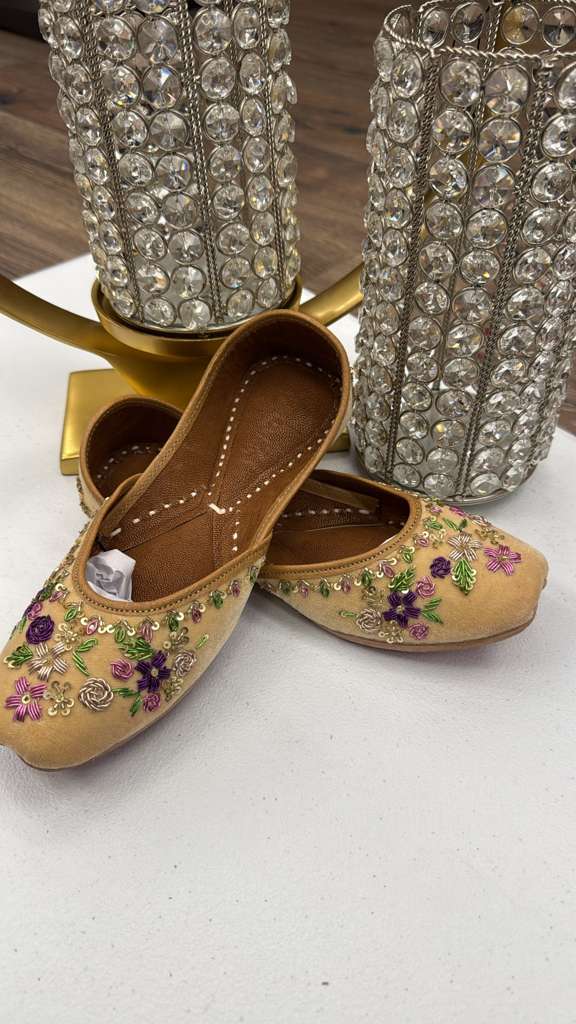 Shop Shahi Yellow Jutti - Women Khussa in velvet with intricate tilla floral embroidery, ideal for weddings and festive occasions.