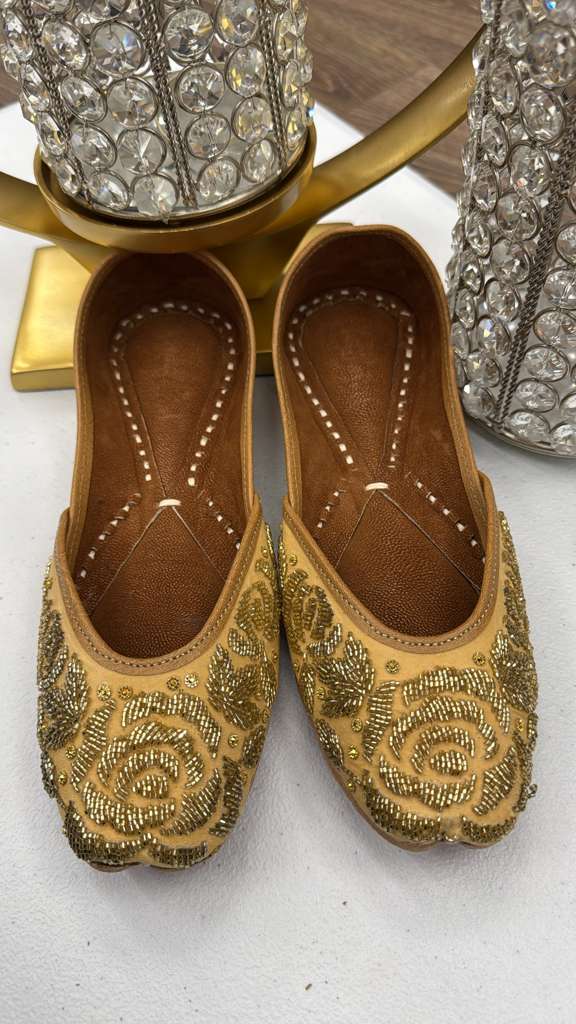Handcrafted Zamurd Yellow Jutti - Khussa flats with detailed gold floral embroidery, ideal for weddings and traditional occasions.