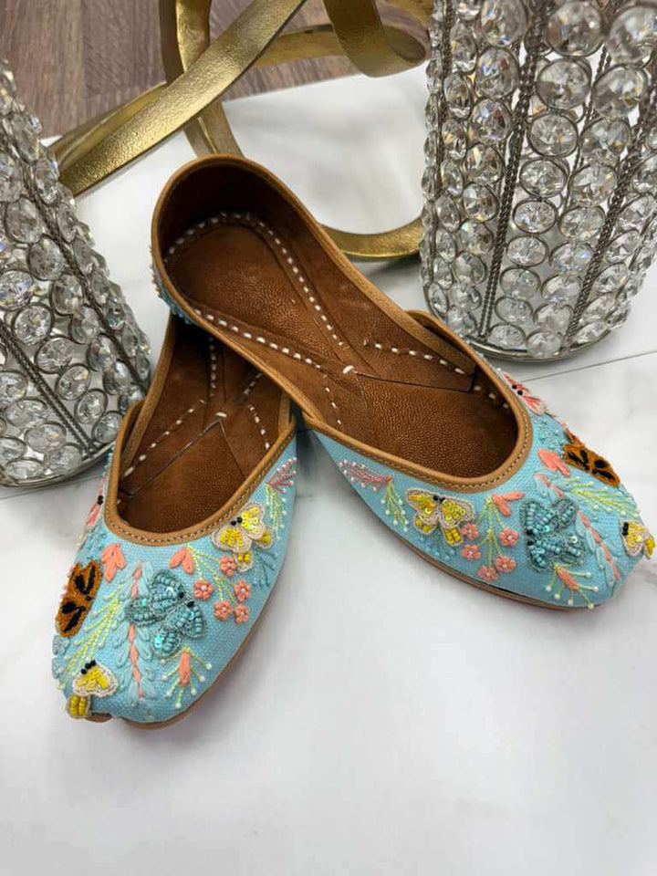 Sanjana Sky Blue Jutti - Ladies Shoe with floral beadwork and embroidery, perfect traditional flat for festive and casual wear.
