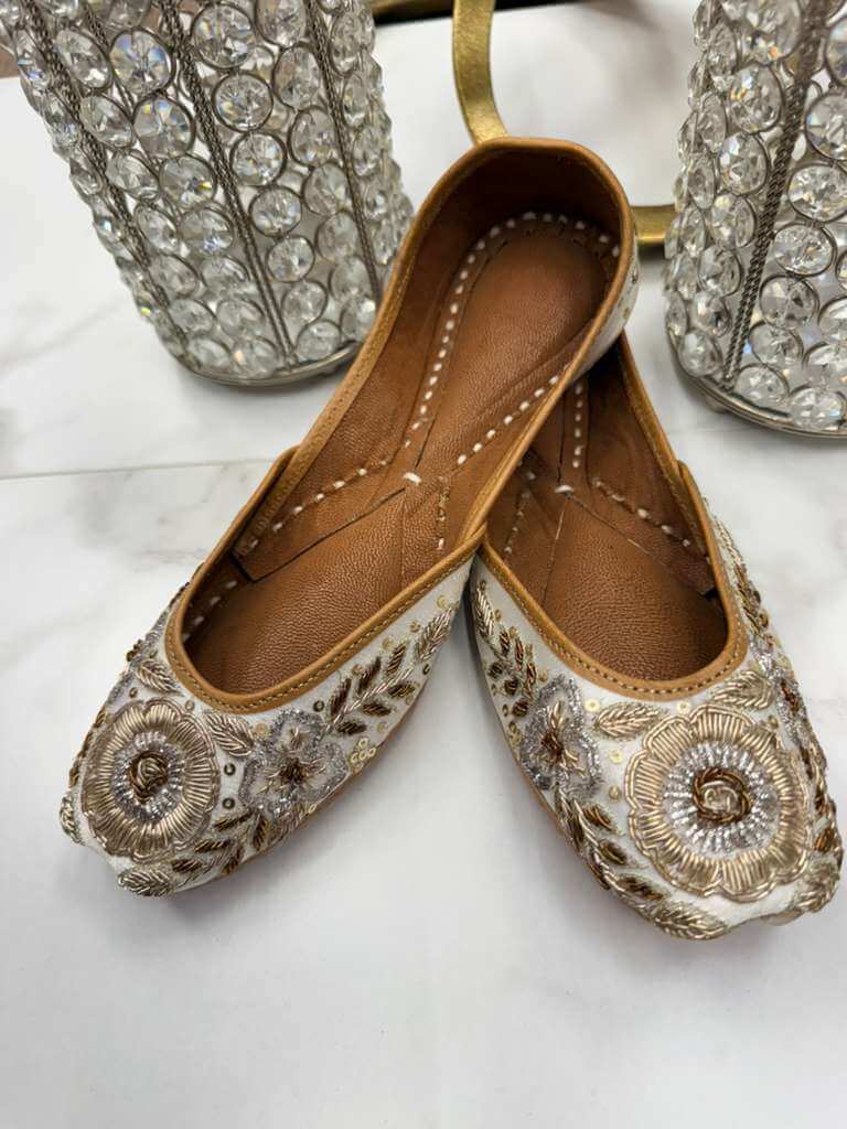 Shahzadi Off-white Jutti - Khussa Mojari Shoes with intricate pearl and sequin beadwork, ideal for traditional or bridal wear.