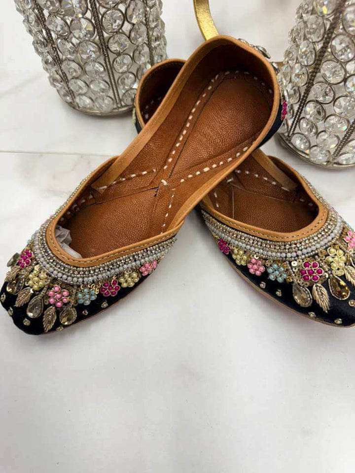 Barooque Black Jutti - Khussa Mojari Shoes with intricate pearl and bead embellishments, ideal for festive and formal wear in flats category.