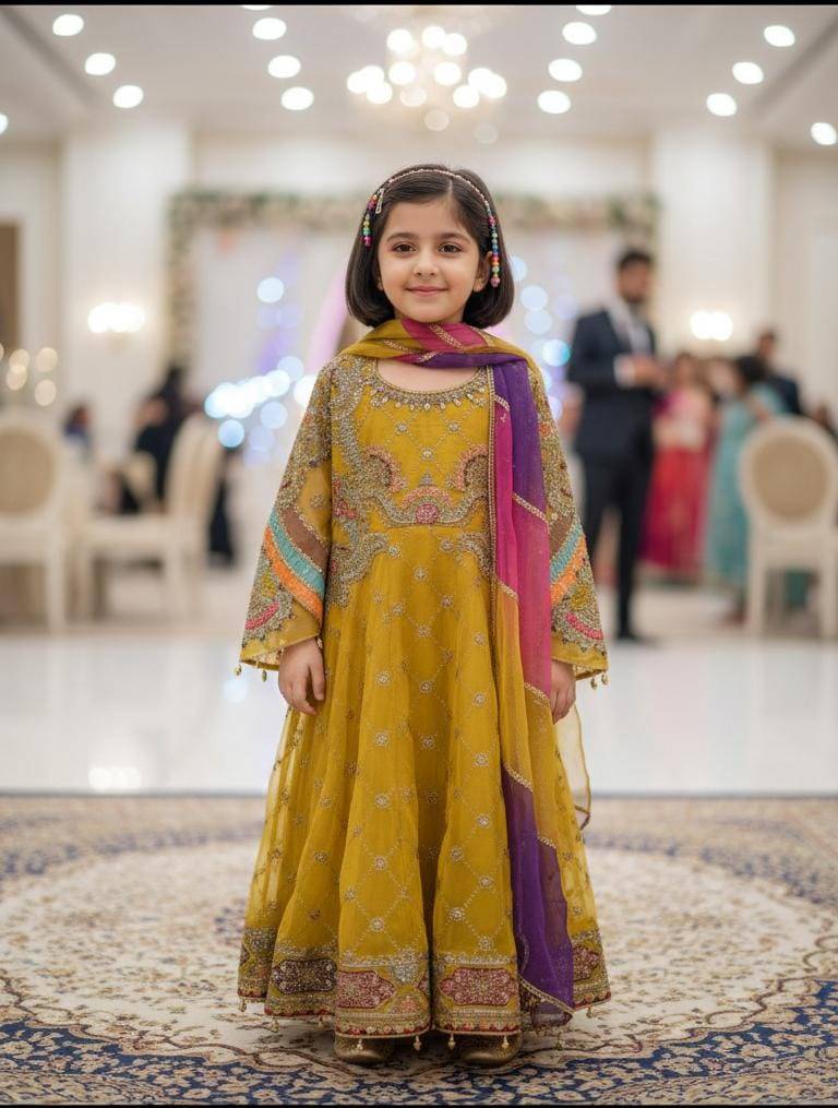RR-3321 - Organza Girl Dress Pakistani Style by RANGREZA featuring mustard shirt, colorful dupatta, and intricate embroidery for festive wear.