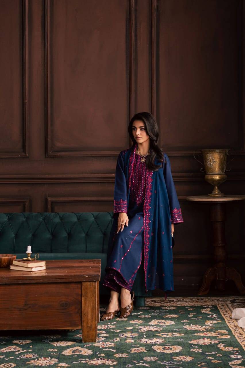 Full view of BATIK Lamia 3Pc ready-to-wear dress with embroidered shirt, matching trousers, and dupatta in a luxurious winter setting.