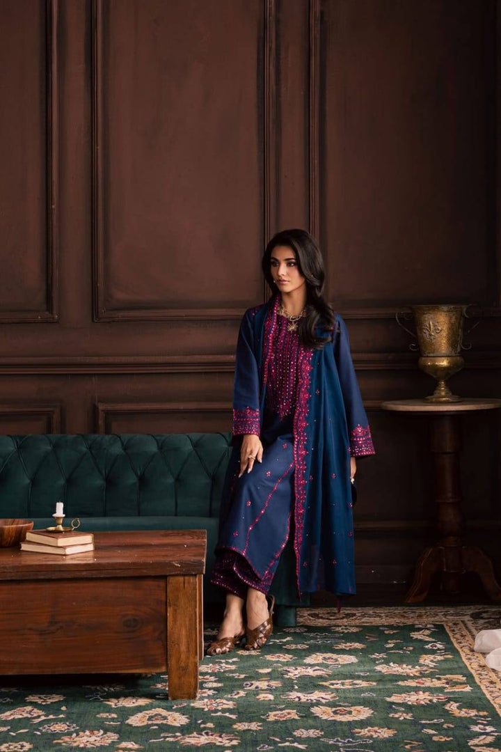 Full view of BATIK Lamia 3Pc ready-to-wear dress with embroidered shirt, matching trousers, and dupatta in a luxurious winter setting.