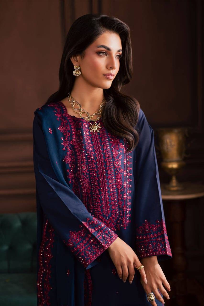 BATIK Lamia 3Pc khaddar dress close-up showing intricate embroidery and elegant styling, ideal for formal winter occasions.