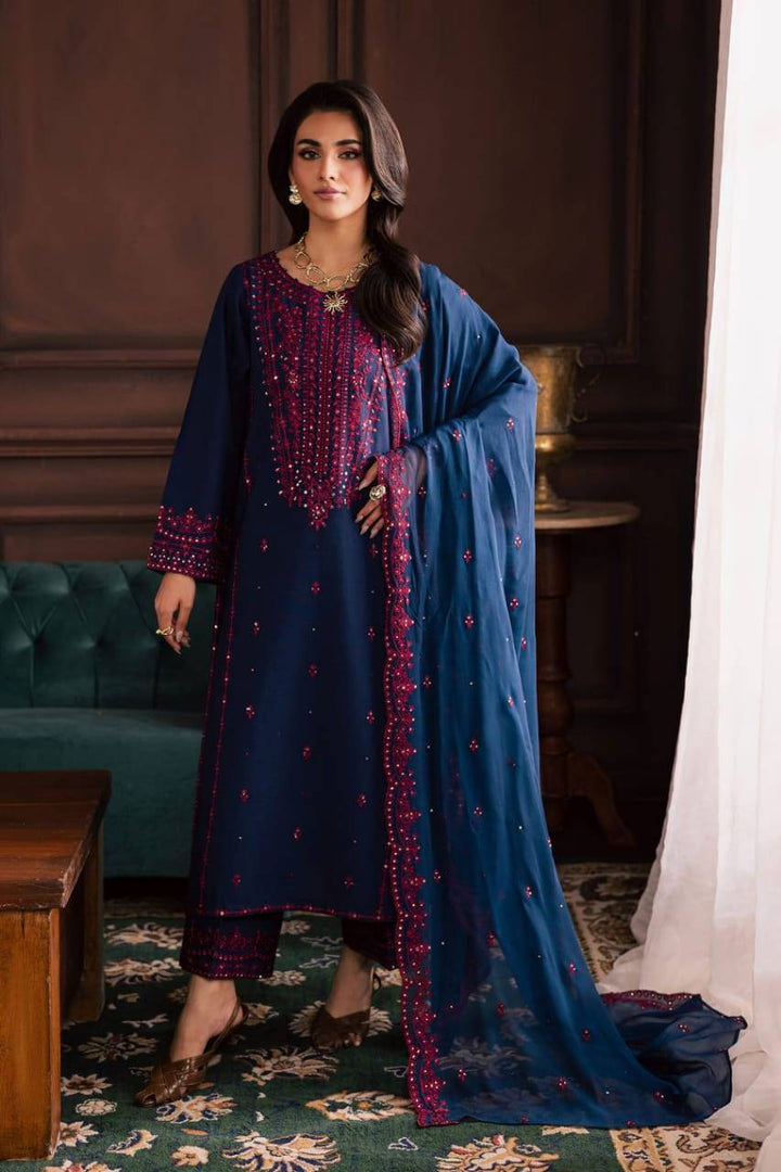 Full front pose of BATIK Lamia 3Pc ready-to-wear dress with embroidered shirt, trousers, and dupatta in navy and pink tones.