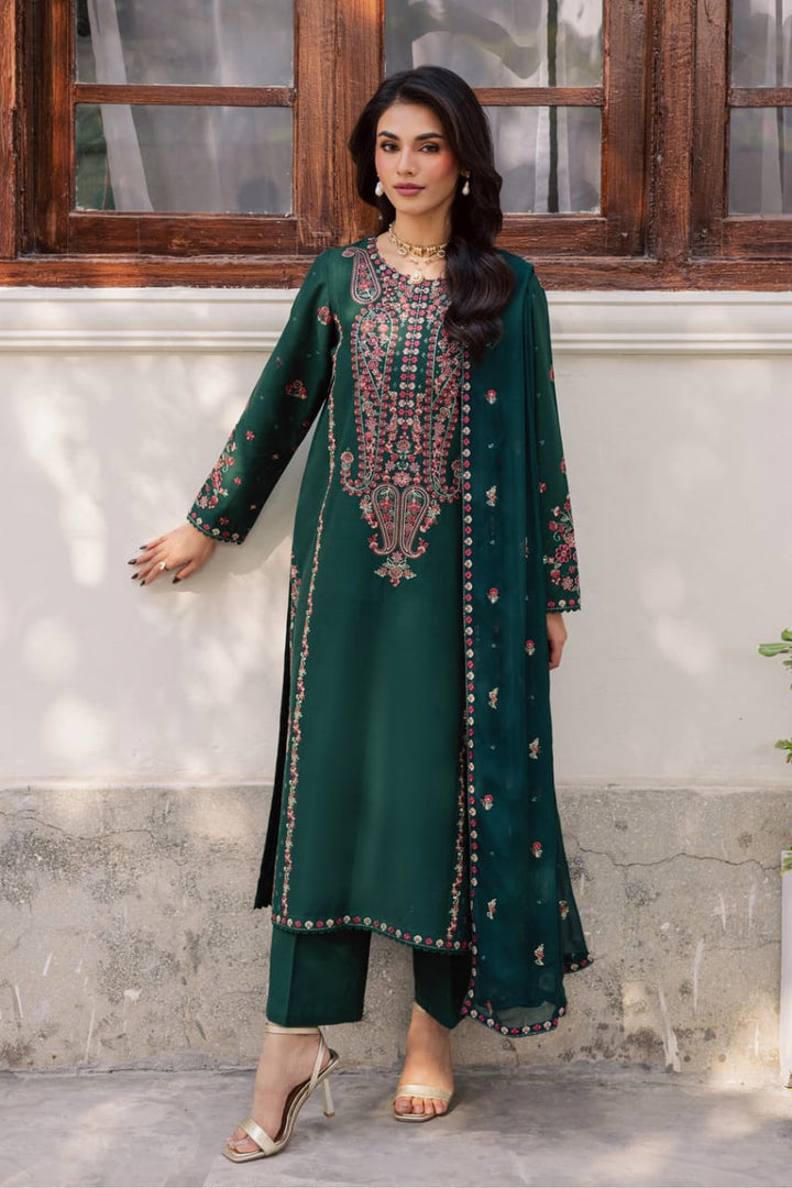 Full view of BATIK Rain 3Pc khaddar dress with embroidered shirt, straight pants, and crinkle dupatta, perfect for winter fashion.