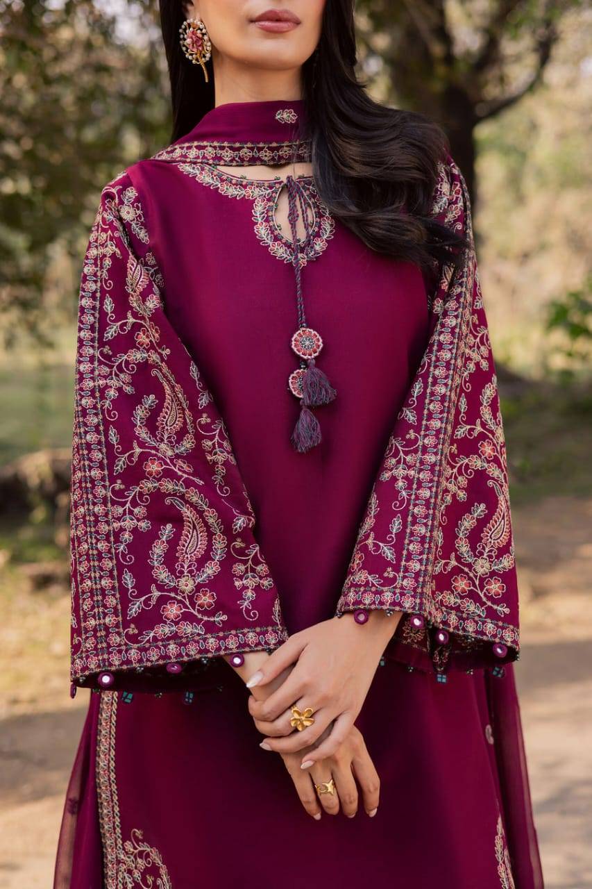 BATIK Sheharbano 3Pc embroidered khaddar dress in deep maroon with intricate gold threadwork and matching dupatta, ideal for festive wear.