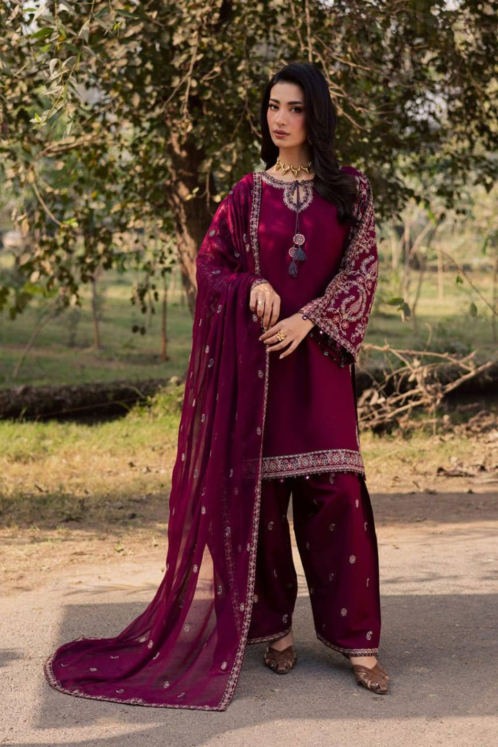 BATIK Sheharbano 3Pc embroidered khaddar dress in deep maroon with ornate dupatta, ideal for festive wear in the USA apparel market.
