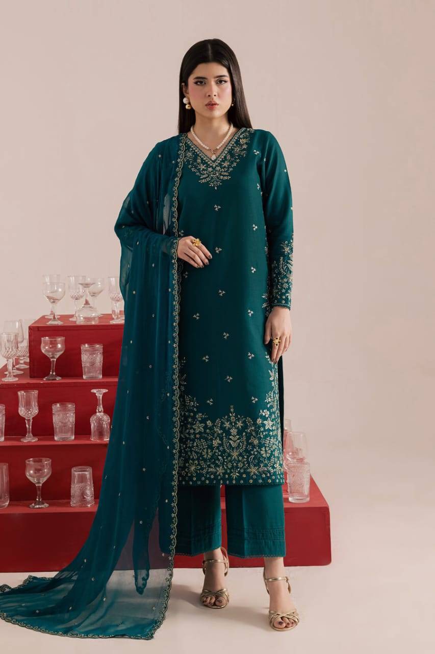 BATIK Dark Forest Dress - PAKISTANI BATIK WOMEN DRESS ONLINE featuring a 3Pc embroidered khaddar outfit with culottes and crinkle dupatta in deep teal.