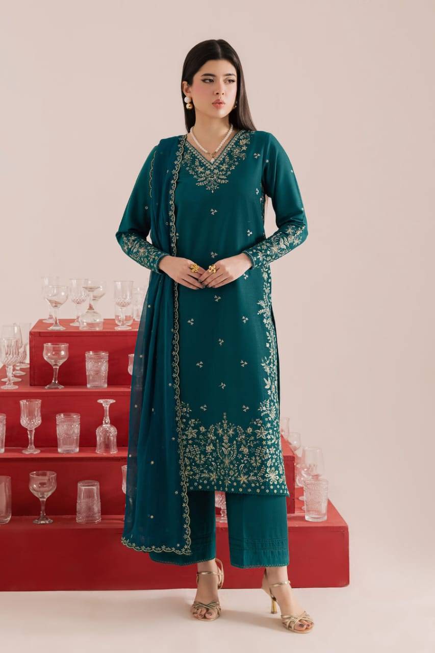 Full front view of BATIK Dark Forest Dress - PAKISTANI BATIK WOMEN DRESS ONLINE featuring elegant embroidery and coordinated culottes and dupatta.