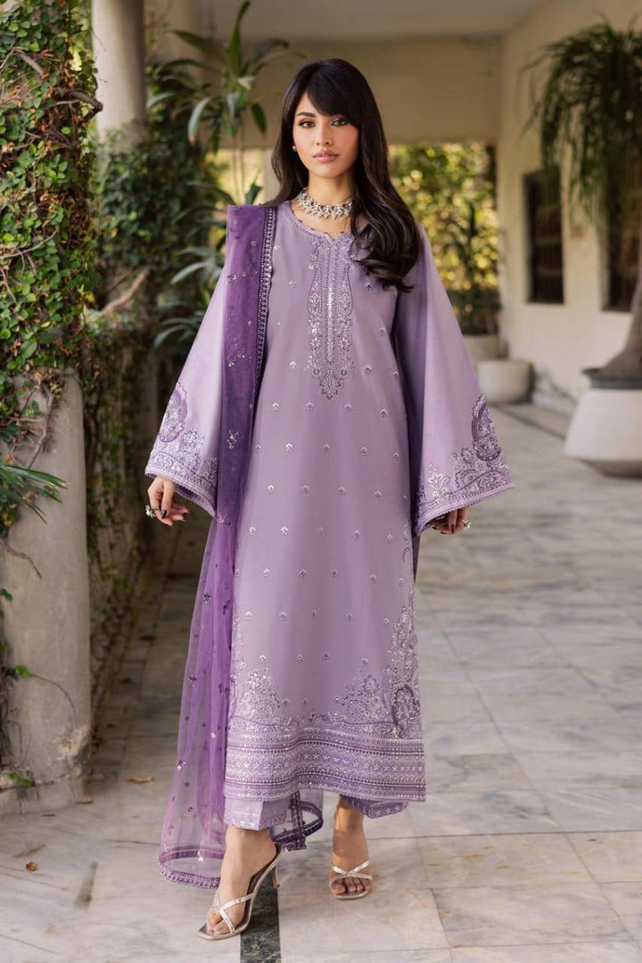 BATIK Lilac Hiba 3Pc embroidered khaddar dress featuring intricate motifs, paired with matching culottes and dupatta for party wear elegance.
