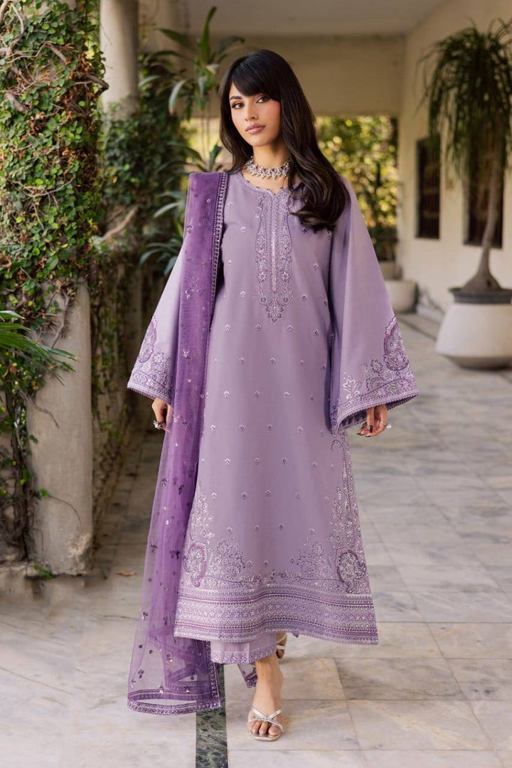 Party wear BATIK Lilac Hiba 3Pc dress in soft lilac khaddar with embroidery, styled with sheer embellished dupatta and culottes for women.