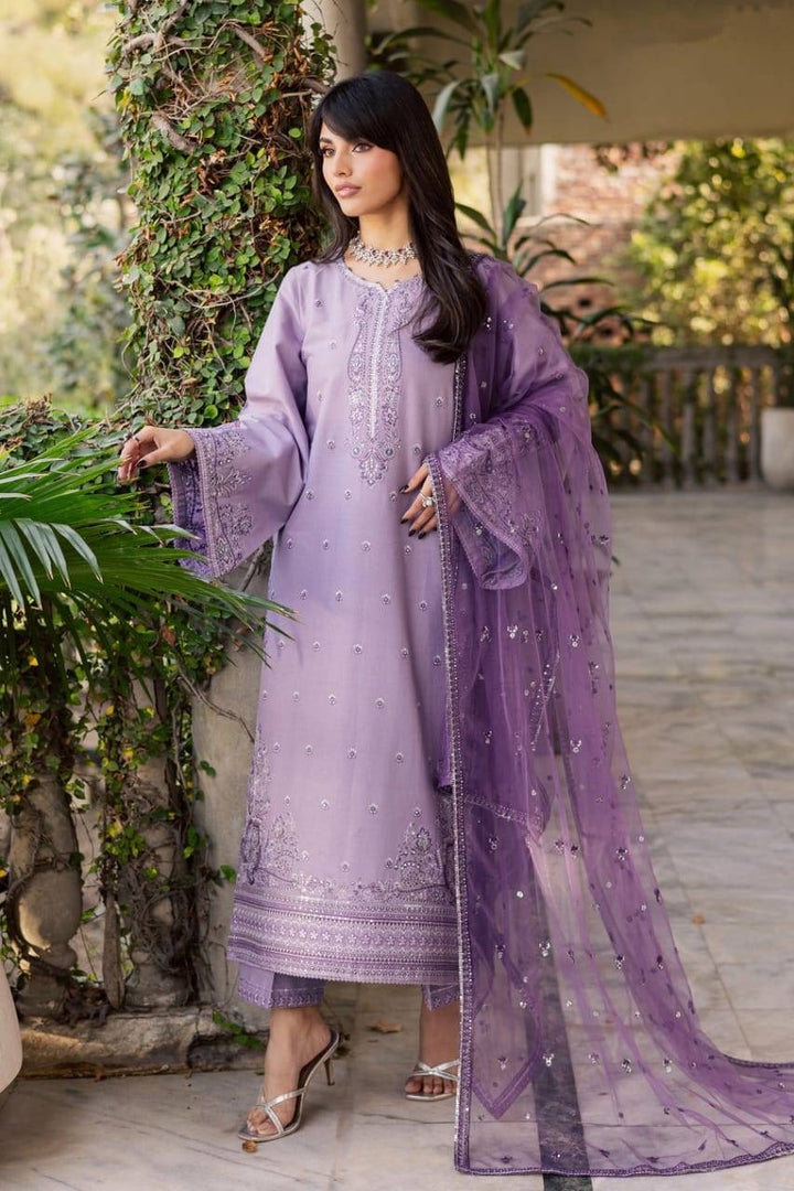 Elegant BATIK Lilac Hiba 3Pc embroidered khaddar outfit with flared sleeves and detailed dupatta, ideal for festive and party occasions.
