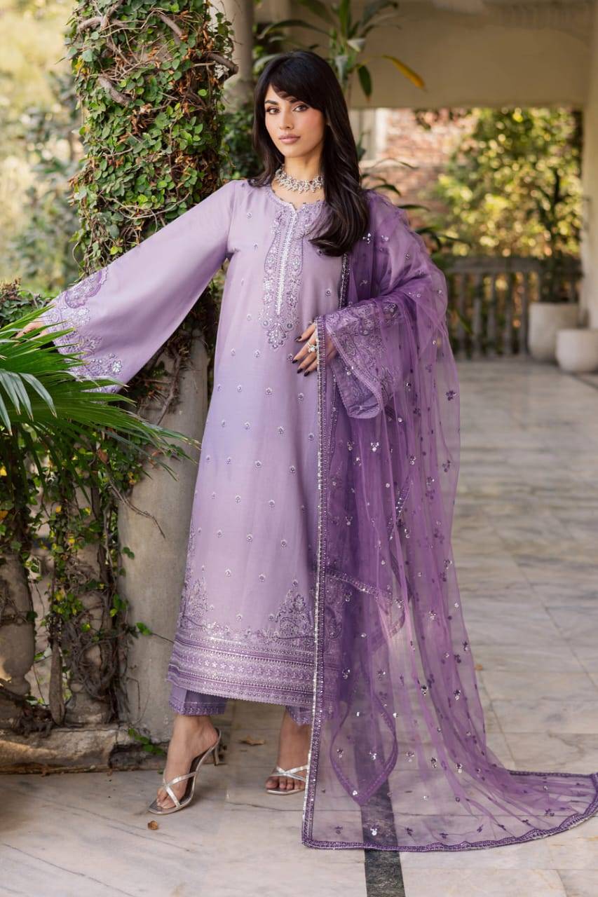 Stylish BATIK Lilac Hiba 3Pc party wear dress with embroidered shirt, matching culottes, and embellished net dupatta in lilac tones.