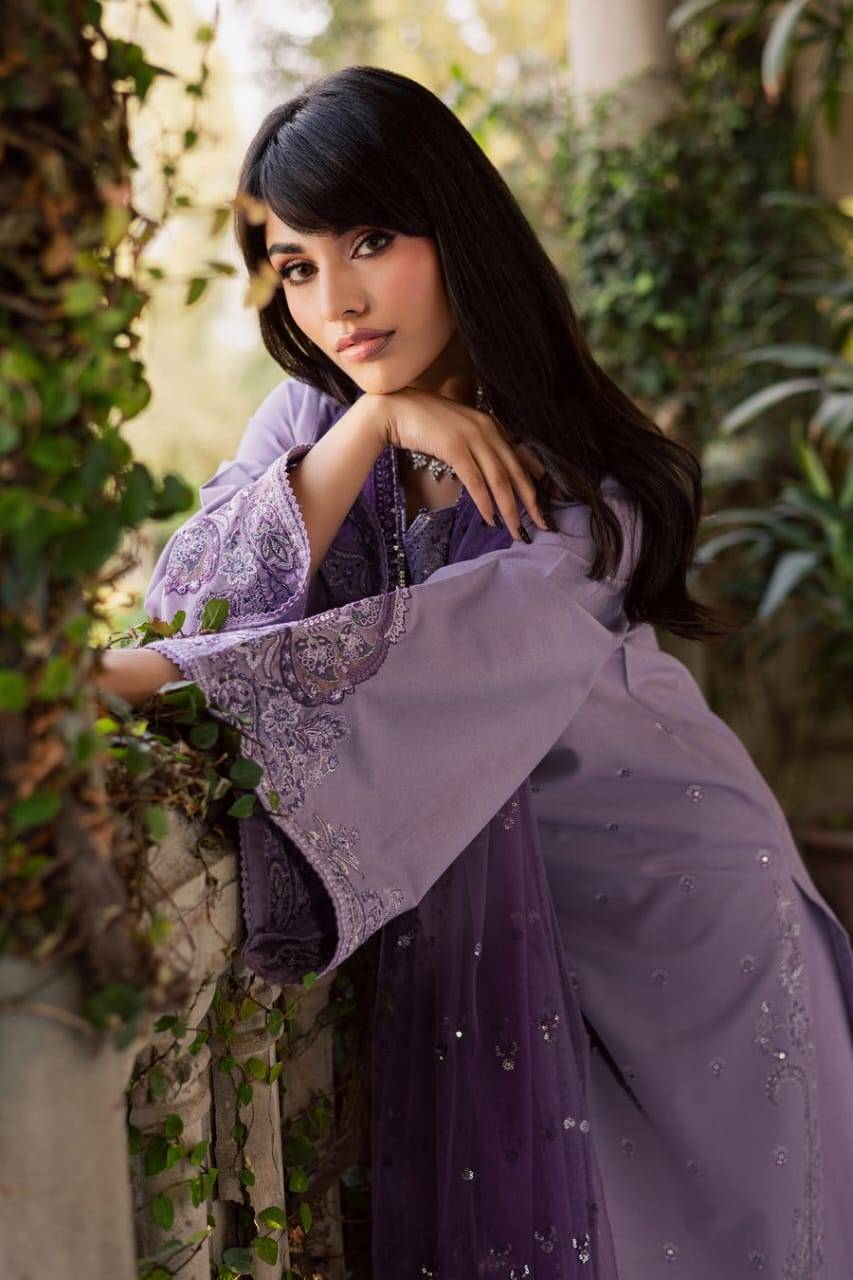 Close-up of BATIK Lilac Hiba 3Pc dress showing delicate embroidery on khaddar fabric and flared sleeves, perfect for festive wear.