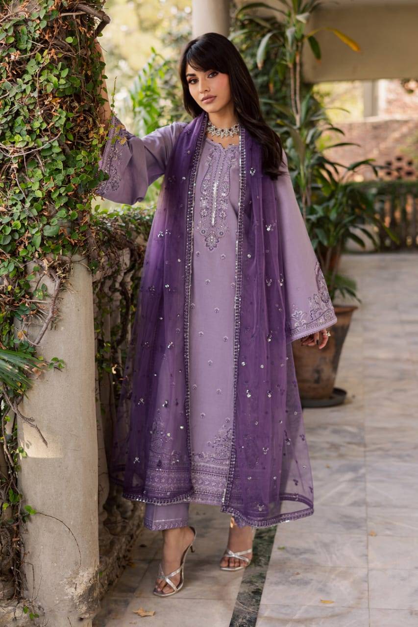 Full view of BATIK Lilac Hiba 3Pc embroidered khaddar dress with sheer dupatta and silver heels, ideal for women's party wear.