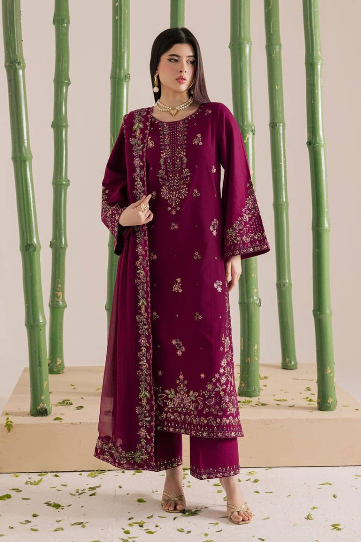 BATIK Omavi 3Pc embroidered khaddar dress in deep maroon with floral detailing, featuring shirt, culottes, and dupatta for women in USA.