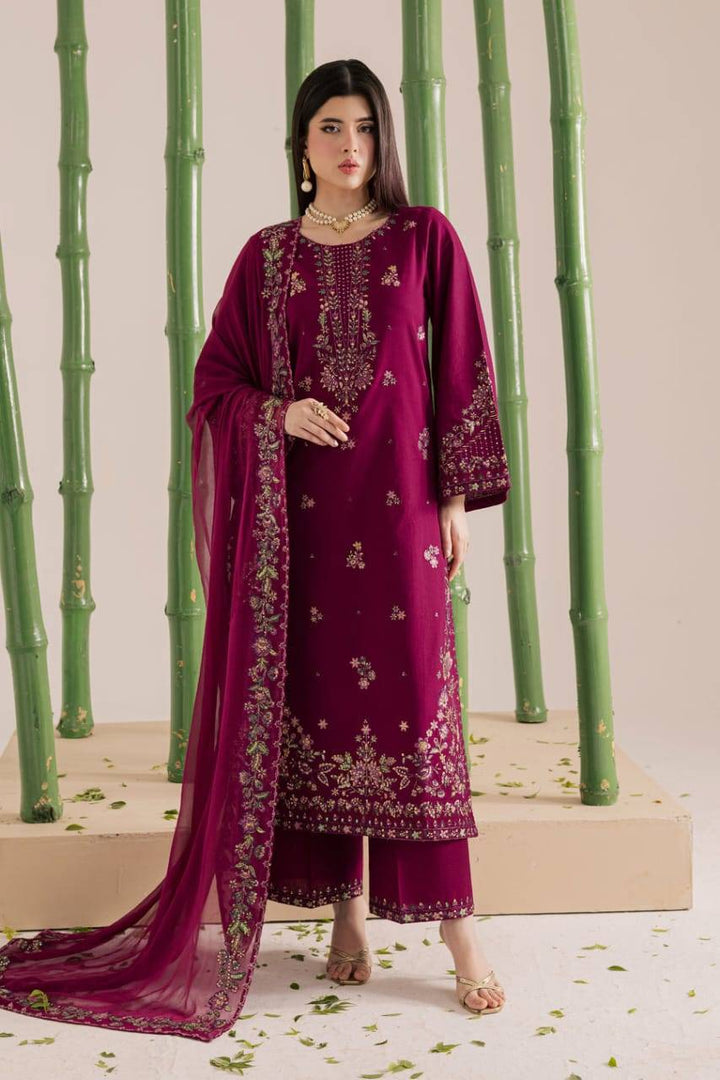 Shop BATIK Omavi 3Pc ladies dress online USA, showcasing full embroidered khaddar outfit with matching dupatta and culottes in rich maroon.