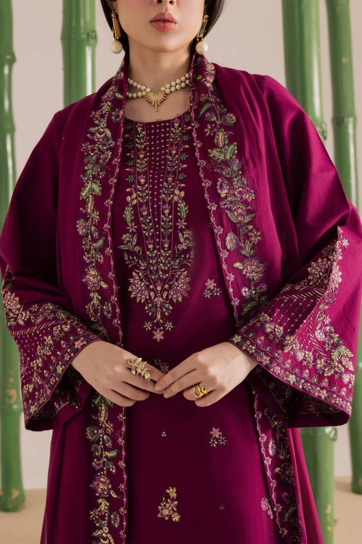 Detailed embroidery on BATIK Omavi 3Pc khaddar shirt and dupatta, perfect for formal wear in the USA apparel market.