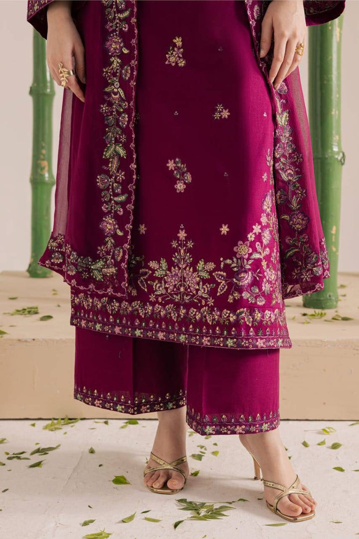 Bottom view of BATIK Omavi 3Pc embroidered khaddar dress showing floral culottes and shirt hem, ideal for stylish women's clothing online USA.