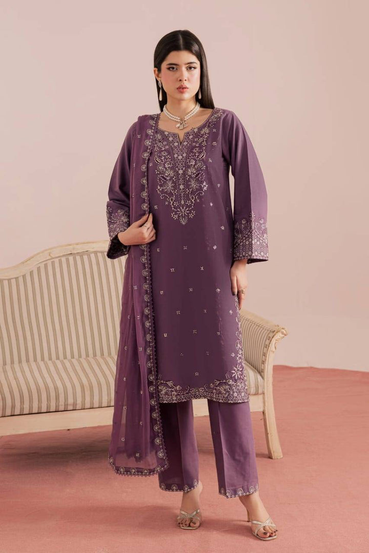 BATIK Deraya 3Pc READY TO WEAR embroidered khaddar dress in deep purple with intricate detailing, ideal for winter events and daily wear.