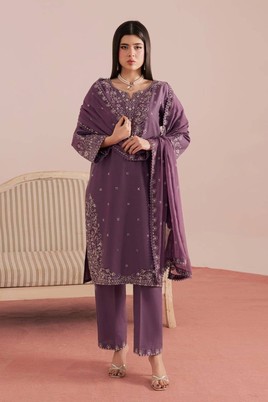 BATIK Deraya 3Pc READY TO WEAR women's dress with matching dupatta and pants, featuring detailed embroidery for a refined winter look.