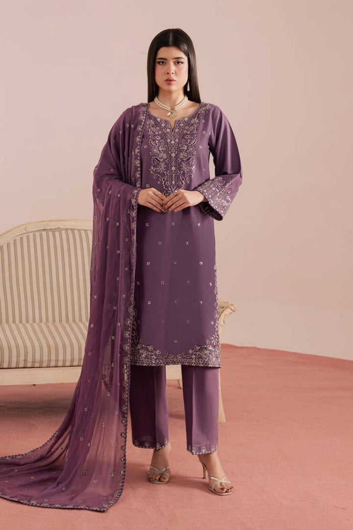 Full view of BATIK Deraya 3Pc embroidered khaddar outfit with long shirt, pants, and dupatta, designed for stylish winter gatherings.