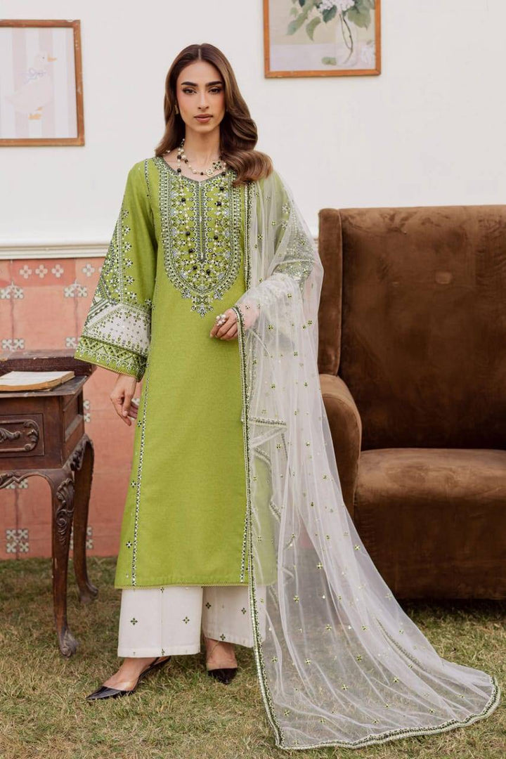 BATIK Nashville 3Pc - BATIK WOMEN DRESS FOR EID in green embroidered karandi with white dupatta and pants, ideal for festive winter wear.