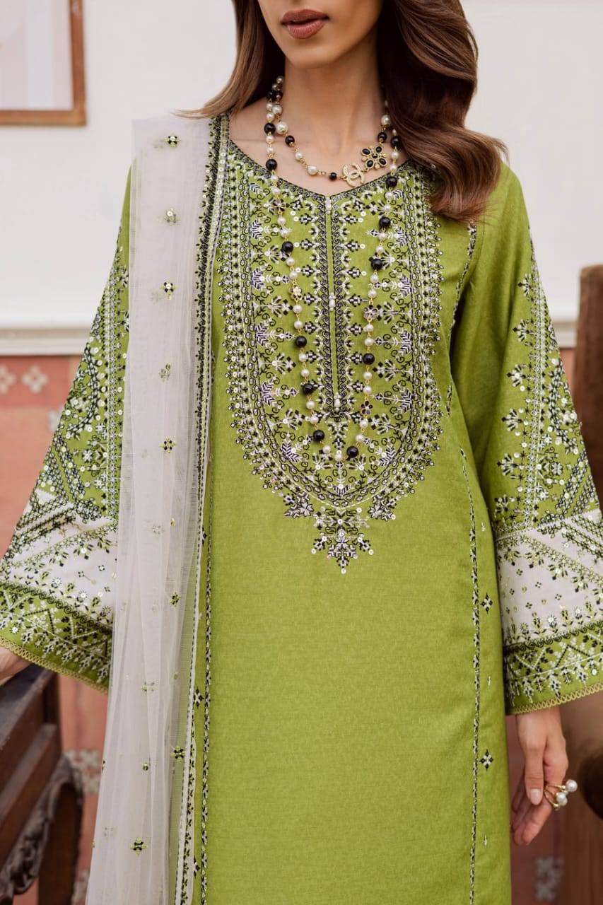 Detailed embroidery on the neckline and sleeves of BATIK Nashville 3Pc green karandi dress with festive white dupatta.