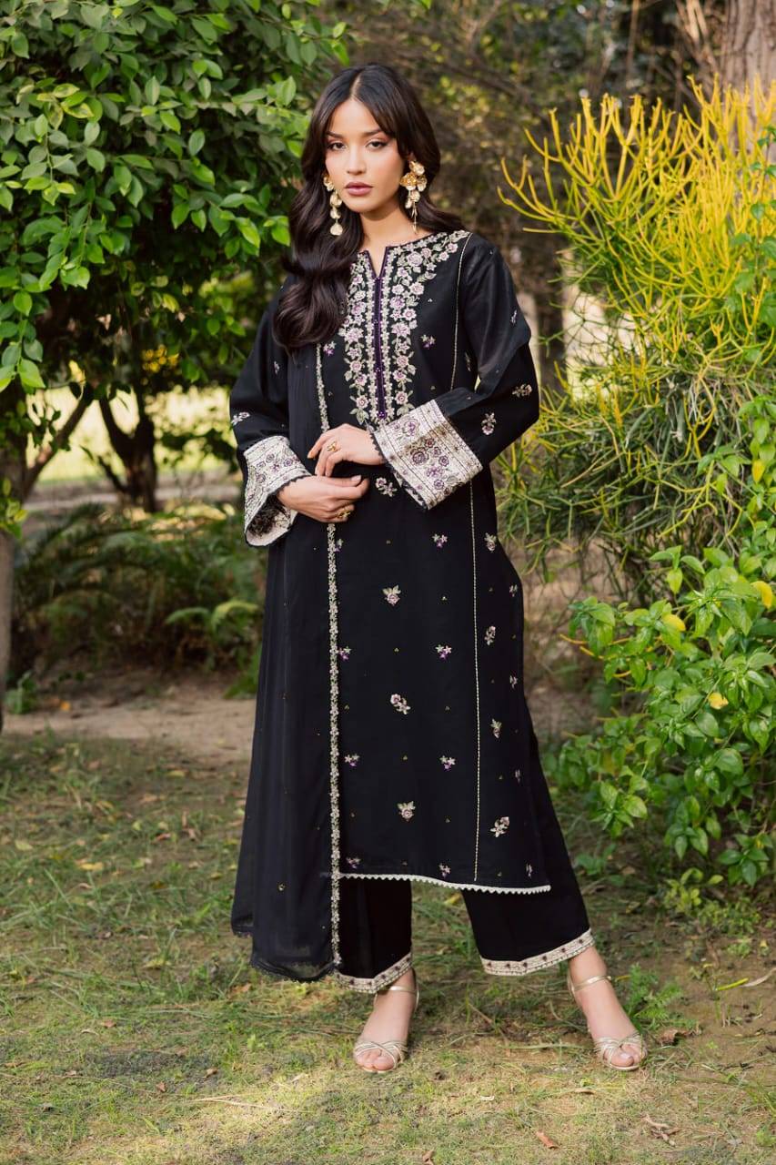 PAKISTANI BATIK WOMEN DRESS in black khaddar with intricate embroidery, full sleeves, and matching trousers and dupatta for elegant styling.