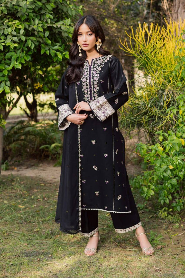 PAKISTANI BATIK WOMEN DRESS in black khaddar with intricate embroidery, full sleeves, and matching trousers and dupatta for elegant styling.