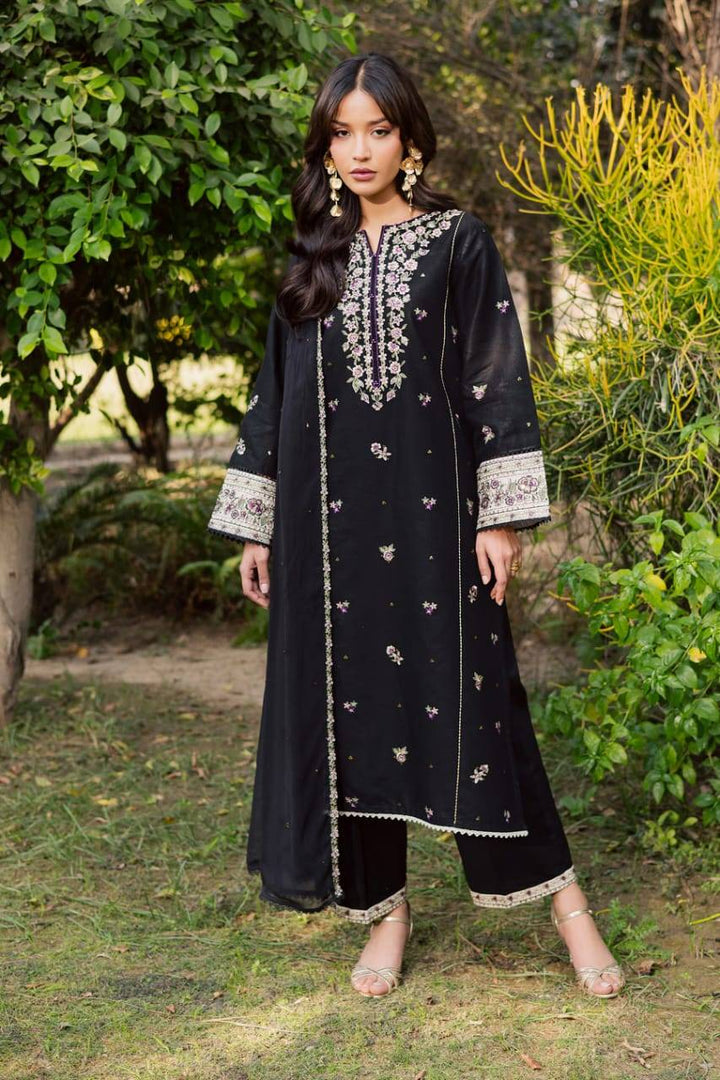 BATIK Night Bloom embroidered khaddar outfit with floral detailing, wide embellished cuffs, and matching black pants and dupatta for women.