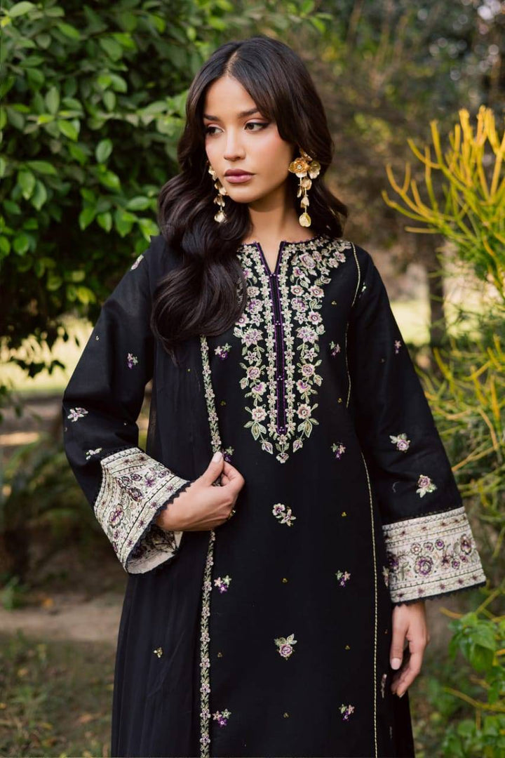 Close-up of BATIK Night Bloom 3Pc embroidered khaddar dress showing neckline and sleeve embroidery, ideal for festive Pakistani wear.