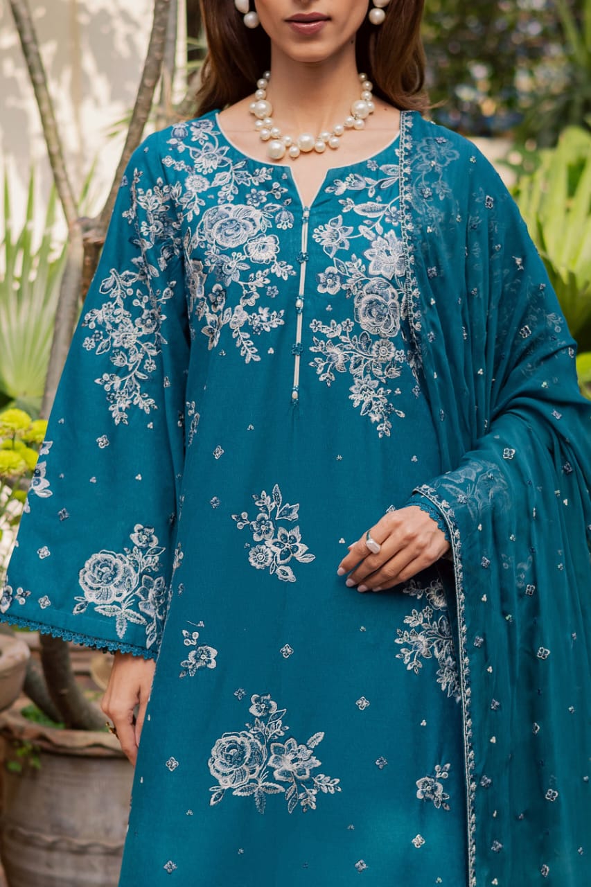 Zoomed-in image of BATIK WOMEN DRESS ONLINE showcasing floral embroidery on teal shirt with matching dupatta and neckline design.