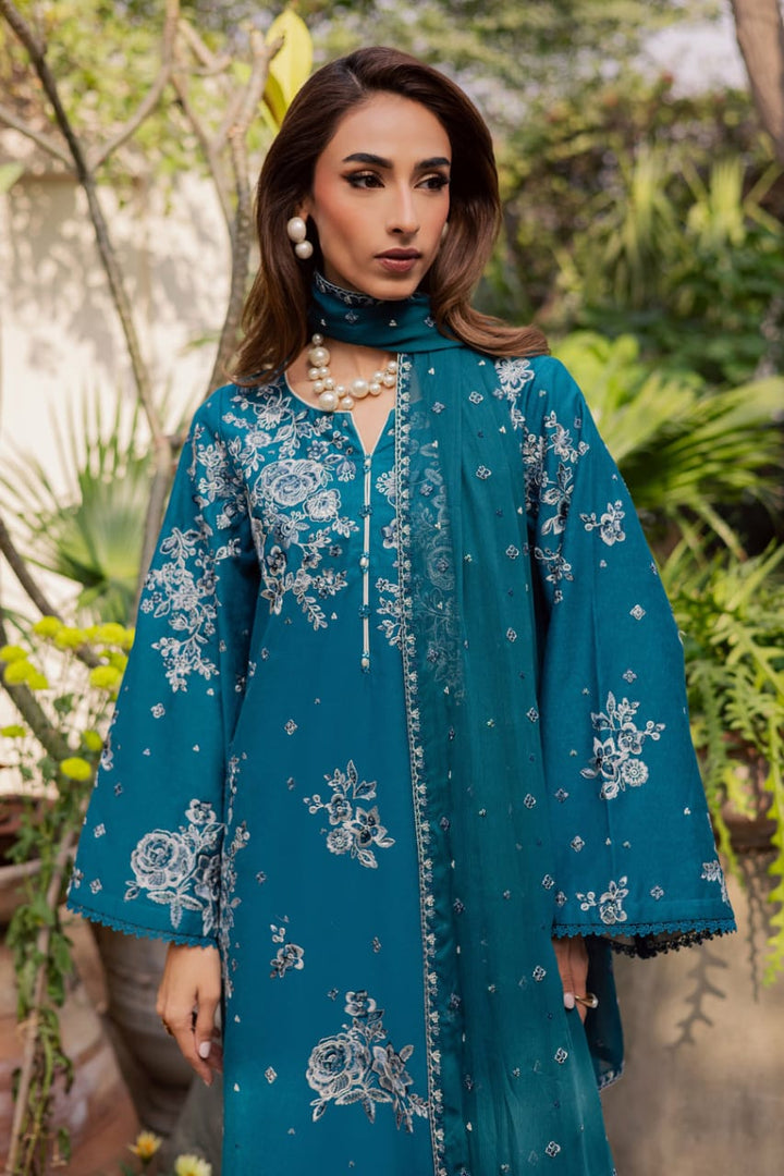 Close-up of BATIK Teal Ocean 3Pc festive pret dress showing intricate white embroidery on teal fabric with matching dupatta.