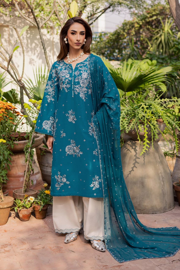 Ready to wear BATIK WOMEN DRESS ONLINE in teal with white embroidery, paired with ivory pants and a detailed chiffon dupatta.