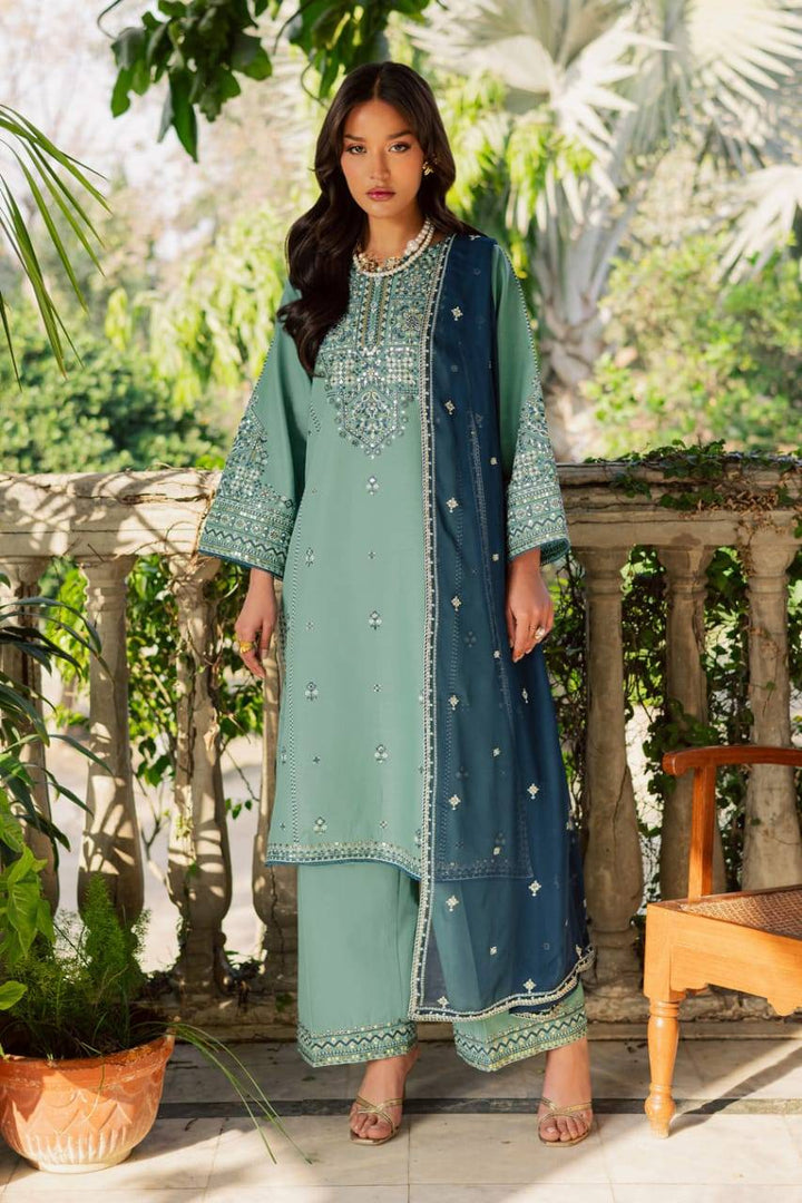 BATIK Gridle 3Pc embroidered khaddar dress with geometric neckline, paired with elegant culottes and navy dupatta, perfect for festive wear.