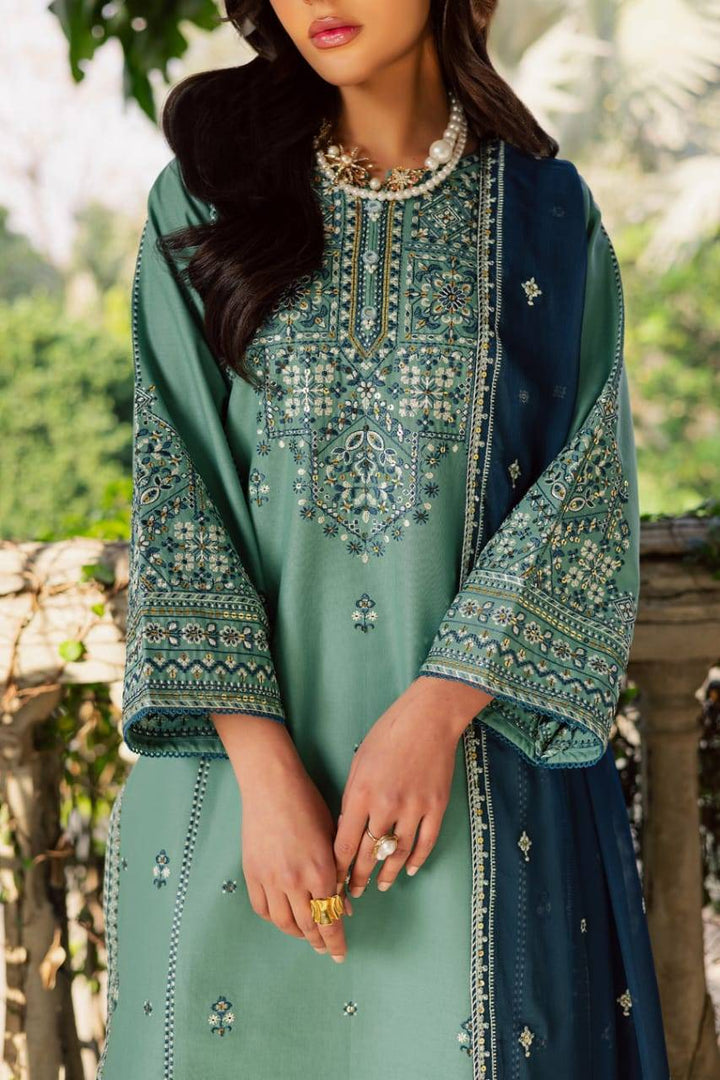 Detailed embroidery on BATIK Gridle 3Pc khaddar shirt with geometric patterns and beadwork, ideal for festive and formal events.