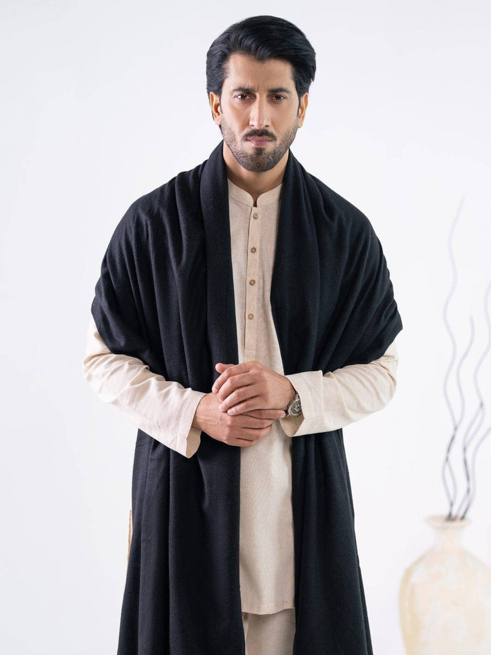 ALMIRAH Black Casual Shawl AL-SH-040-11 styled with ethnic wear, showcasing a warm, elegant winter accessory for men in the Pakistani shawls range.