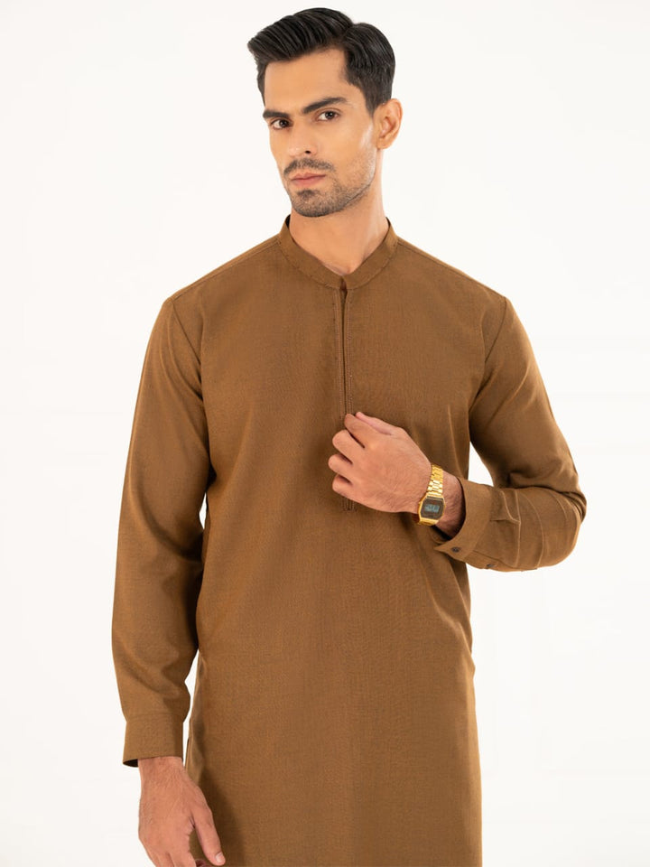 Close-up of ALMIRAH men's semi-formal brown kameez shalwar highlighting collar design and front embroidery detail.