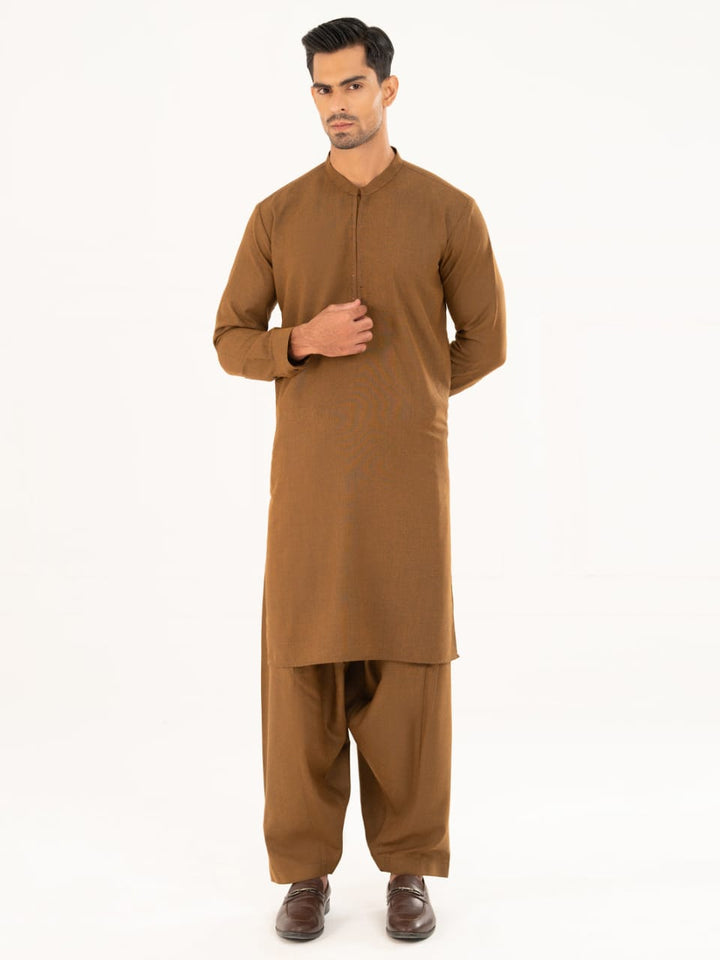 ALMIRAH semi-formal brown kameez shalwar set for men, 2-piece regular fit with minimal embroidery, ideal for winter wear.