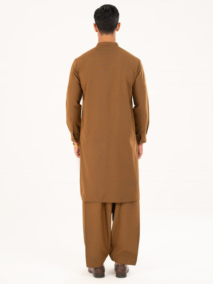 Back view of ALMIRAH men's brown semi-formal kameez shalwar, showcasing straight cut and clean stitching in regular fit.