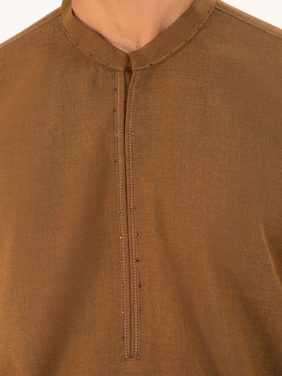 Zoomed-in neckline of ALMIRAH semi-formal brown kameez for men, featuring subtle embroidery and band collar.