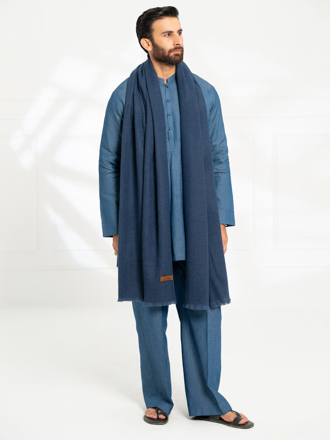Shop ALMIRAH Royal Blue Casual Pakistani Shawls Men | AL-SH-042-11 styled with traditional attire, perfect for winter layering.