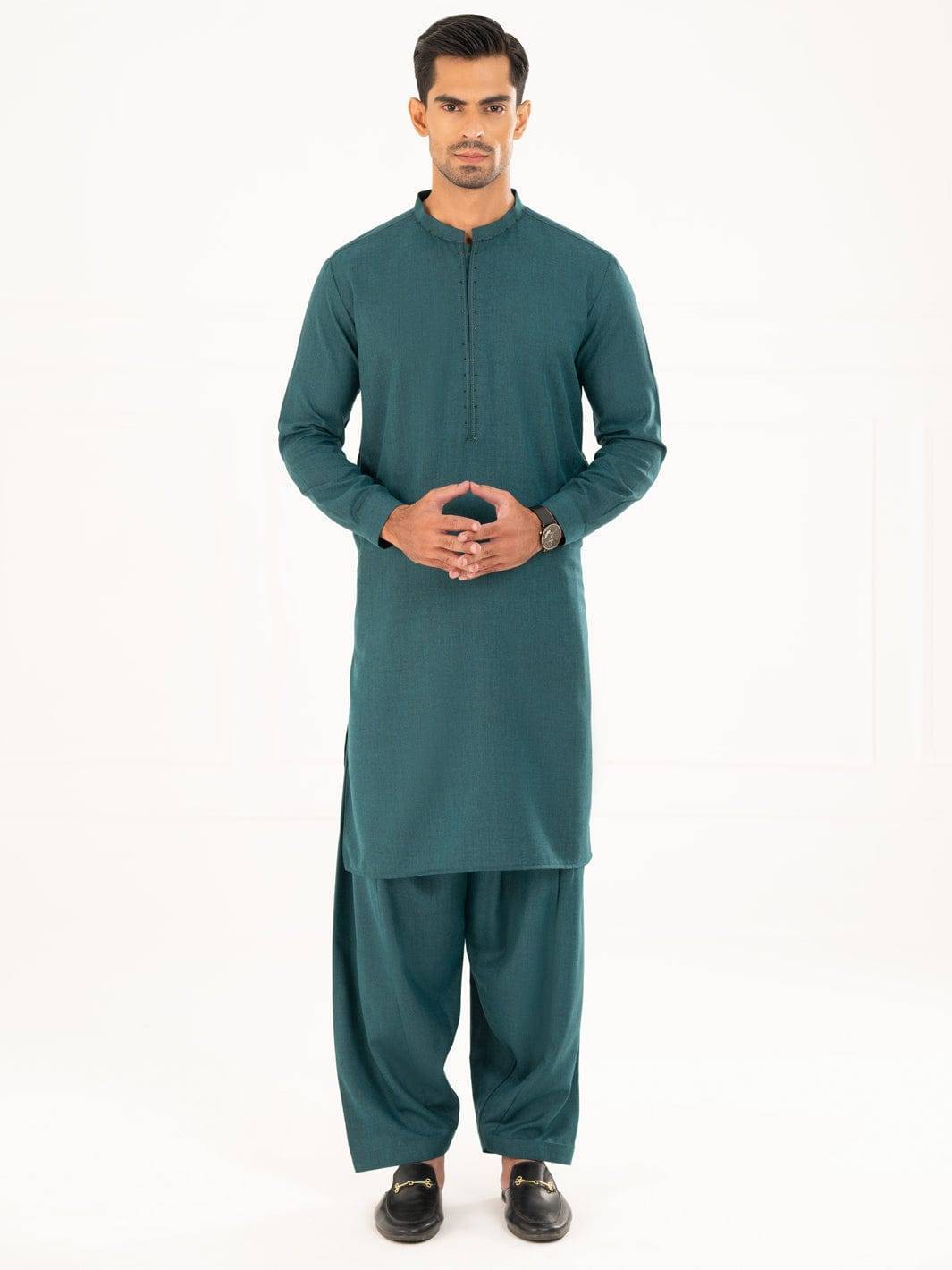 ALMIRAH semi-formal green kameez shalwar set for men, 2-piece regular fit with band collar, ideal for winter wear.