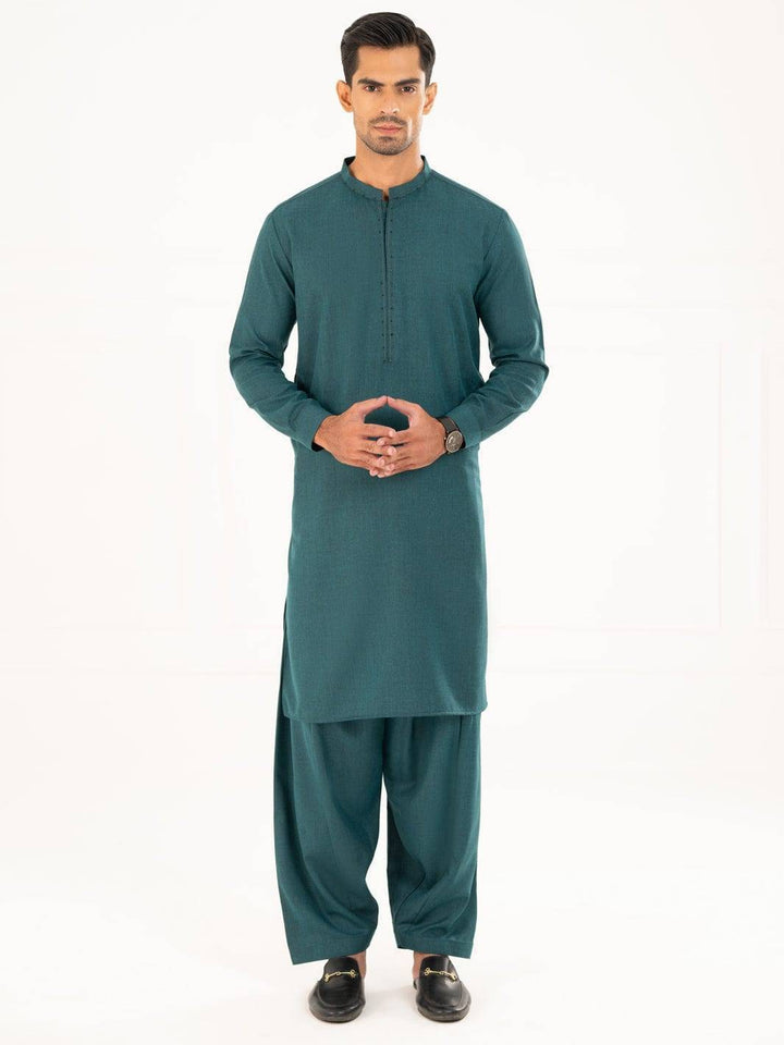 ALMIRAH semi-formal green kameez shalwar set for men, 2-piece regular fit with band collar, ideal for winter wear.
