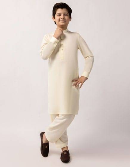 J. Semi Formal Kameez Shalwar for boys in offwhite, featuring a traditional design perfect for Eid, parties, and all-season wear.